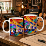 Personalized Retro Rainbow Stained Glass Design Guitar Ceramic Mug with Name Birthday Gift for Electric Guitar Players Music Lovers