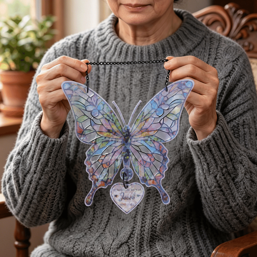 Ornamento in acrilico personalizzato “In Loving Memory” con colibrì, farfalla e decorazioni scintillanti, con nome e anno – Oggetto decorativo per la casa, regalo commemorativo per familiari e amici 7