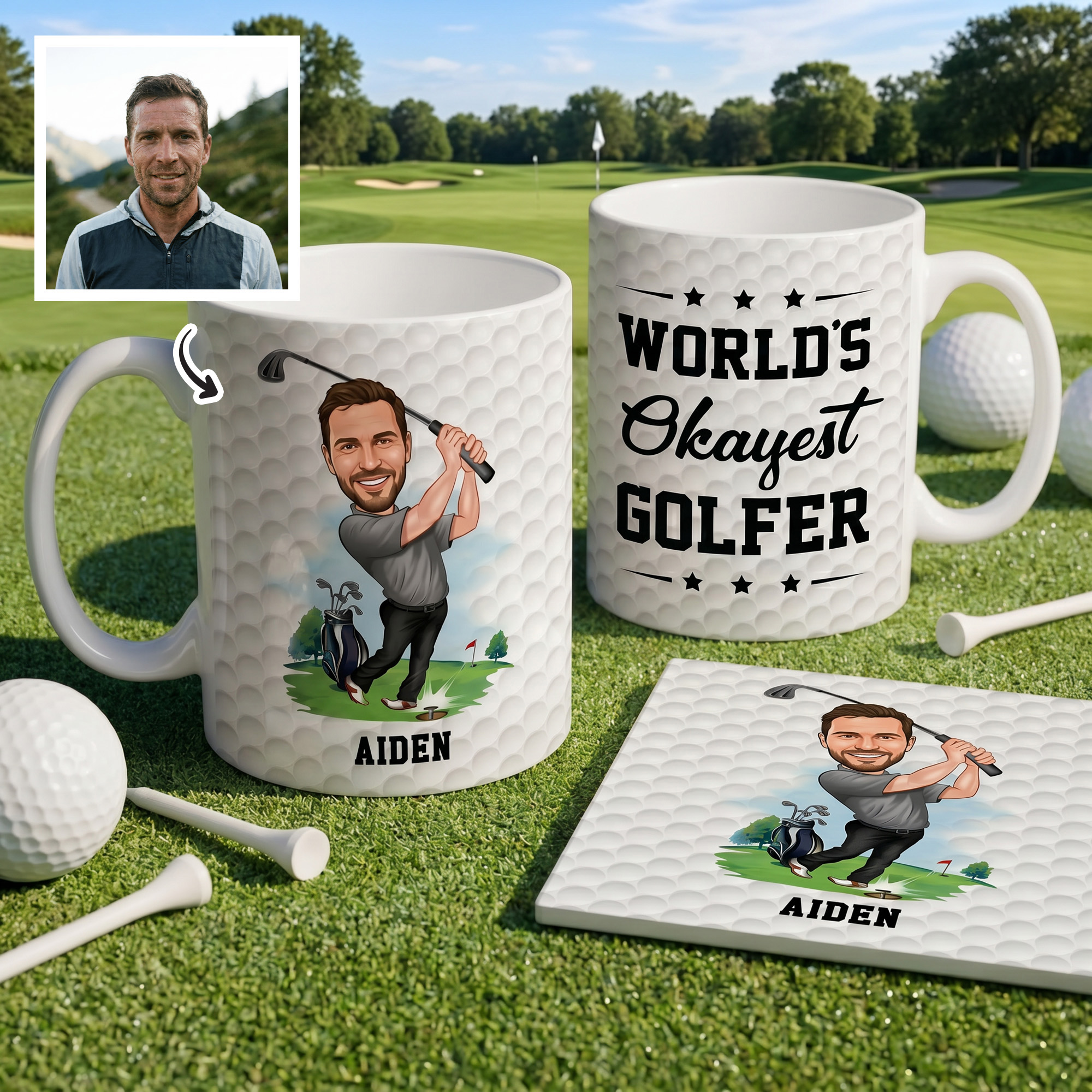 Personalisierte Keramiktasse „World’s Okayest Golfer“ (11 oz, 15 oz) mit Namen und Foto – Geburtstagsgeschenk für Golfbegeisterte
