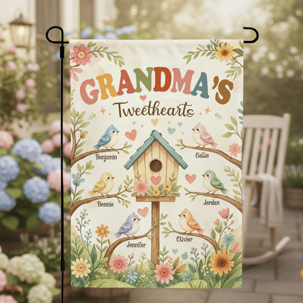 Personalized Heart Colorful Bird Birdhouse Floral Garden Flag with 1-12 Names Garden Decor Birthday Anniversary for Mom Grandma