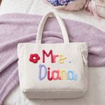 Personalised Rainbow Floral Teacher Themed Corduroy Tote Bag with Text Daily Use Teacher's Day Gift for Teachers Educators
