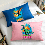Personalized Ink Splatter Style Cartoon Dinosaur Throw Pillow Cover with Name Home Decor Birthday Gift for Boys Girls