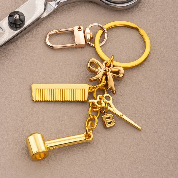 Personalised Scissor Comb Hair Dryer Bow Keychain with Initial Birthday Barber Shop Opening Gift for Barbers Hair Stylists