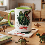 Personalized Ink-Splashed Dinosaur Multicolor 11 oz 15 oz Ceramic Mug with Coaster Daily Use Back to School Birthday Gift for Kids Dinosaur Lovers