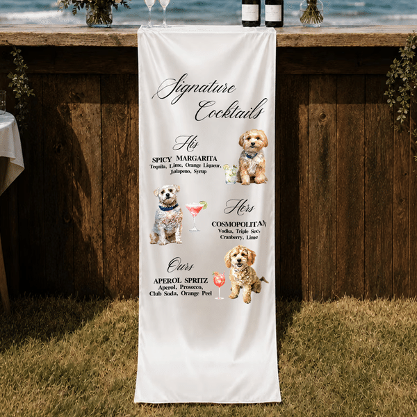 Personalized Signature Cocktails Pet Photo Silk Banner with Title and Cocktail Formula Wedding Party Gift for Couples Newlyweds