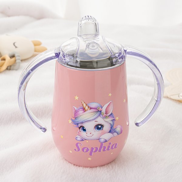 Personalized Cute Fantasy Unicorn Bear Animal 10 oz Insulated Sippy Cup with Name and Handle Baby Shower Birthday Gift for Toddler Kid