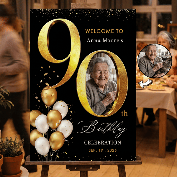 Personalised Golden Balloon Milestone Birthday Party Welcome Sign Canvas Print with Name and Photo Ship from USA Birthday Gift for Family
