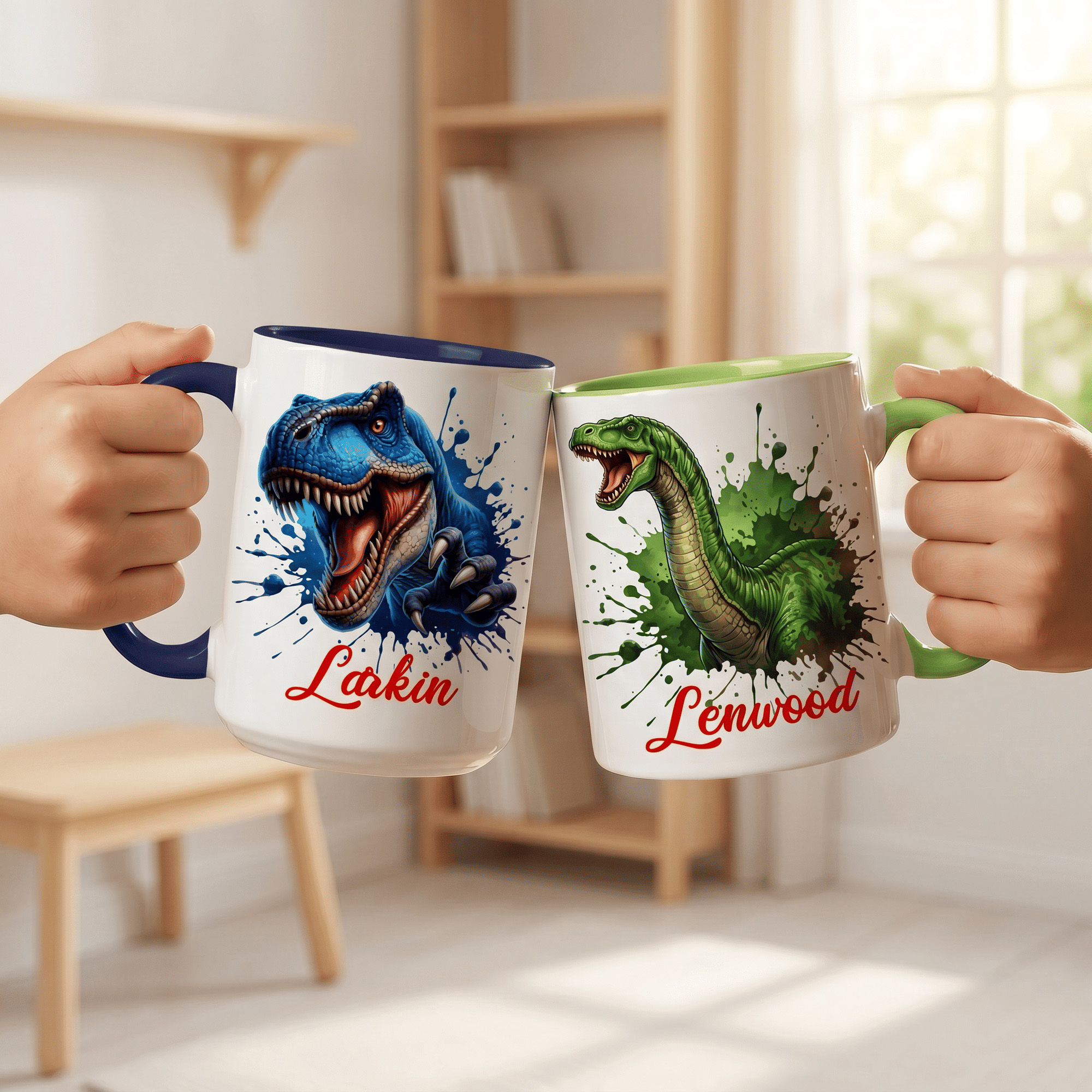 Individuell gestaltete, mit Tintenspritzern verzierte, mehrfarbige Keramiktasse mit Dinosaurier-Motiv (11 oz, 15 oz) inklusive Untersetzer – für den täglichen Gebrauch, als Geschenk zum Schulanfang od