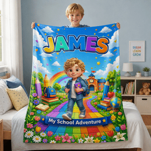 Personalised Rainbow Cartoon Character Photo  Soft Throw Blanket with Name Home Decor Back to School Birthday Gift for Kids Students