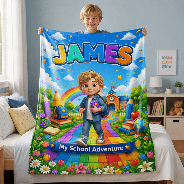 Personalised Rainbow Cartoon Character Photo  Soft Throw Blanket with Name Home Decor Back to School Birthday Gift for Kids Students