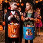 Personalized Cute Ghost Witch Hat Pumpkin Initial LED Light Bucket Bag with Name Halloween Trick or Treat Activity Gift for Boys Girls