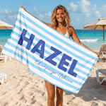 Personalized Striped Oversized Quick Dry Beach Towel with Name and Place Beach Pool Party Summer Vacation Birthday Gift for Women Men Friends