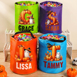 Personalized Cute Ghost Witch Hat Pumpkin Initial LED Light Bucket Bag with Name Halloween Trick or Treat Activity Gift for Boys Girls