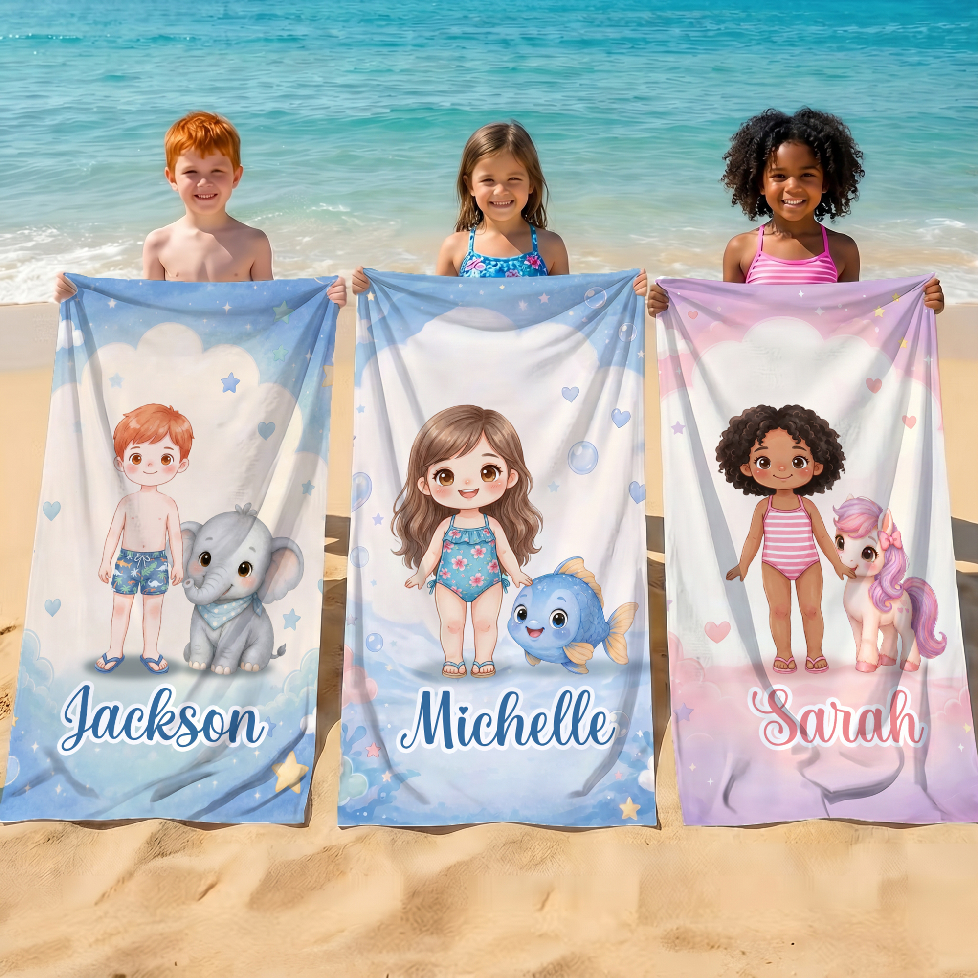 Individuell gestaltetes, übergroßes, schnell trocknendes Strandtuch mit Foto-Cartoon-Figur und Namen – Strand-, Pool- und Sommerferien-Geschenk sowie Geburtstagsgeschenk für Jungen und Mädchen