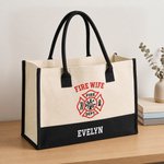Personalized Firefighting Element Heart Large Capacity Canvas Tote Bag with Name and Text Daily Use Birthday Gift for Firefighter Wife