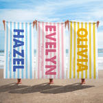 Personalized Striped Oversized Quick Dry Beach Towel with Name and Place Beach Pool Party Summer Vacation Birthday Gift for Women Men Friends