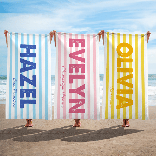 Personalized Striped Oversized Quick Dry Beach Towel with Name and Place Beach Pool Party Summer Vacation Birthday Gift for Women Men Friends