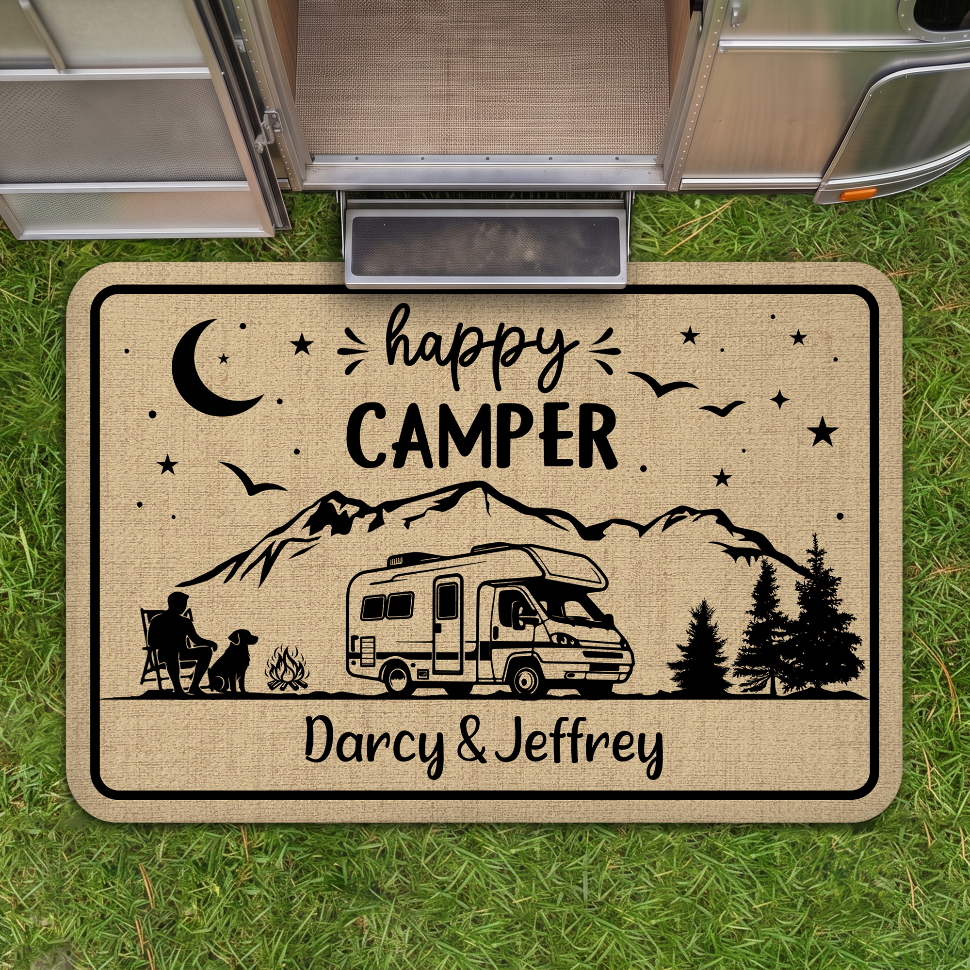 Personalisierte, rutschfeste Willkommens-Fußmatte für Camping, Wohnmobil und Familie mit Schriftzug – für den täglichen Gebrauch im Freien, ideal als Geschenk für Familienfeiern und Camping-Fans