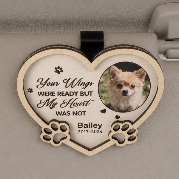 Personalised Pet Photo Paw Wooden Heart Car Visor Clip Frame with Name and Year Memorial Sympathy Gift for Pet Owners Friends