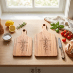 Tabla de cortar de madera con diseño personalizado de cruz cristiana y flores, con asa y nombre grabado; decoración de cocina y regalo de inauguración de casa para familiares y amigos