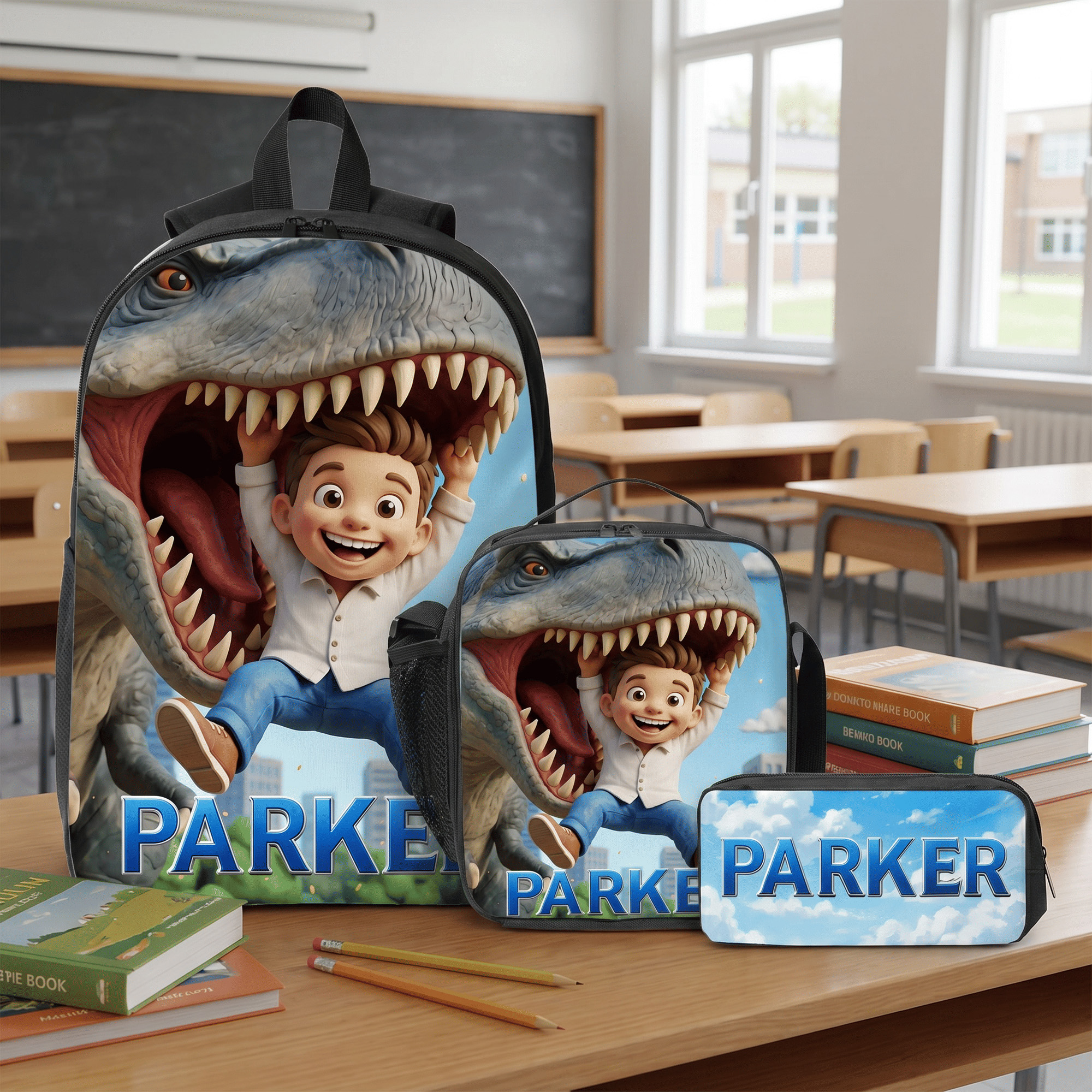 Personalisiertes 3D-Foto-Set aus Rucksack, Lunchbag und Federmäppchen mit Dinosaurier-Motiv, 3-teilig, mit Namen – Schulanfangs- und Geburtstagsgeschenk für Kinder, die Dinosaurier lieben
