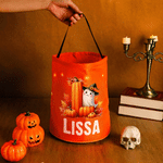 Personalized Cute Ghost Witch Hat Pumpkin Initial LED Light Bucket Bag with Name Halloween Trick or Treat Activity Gift for Boys Girls