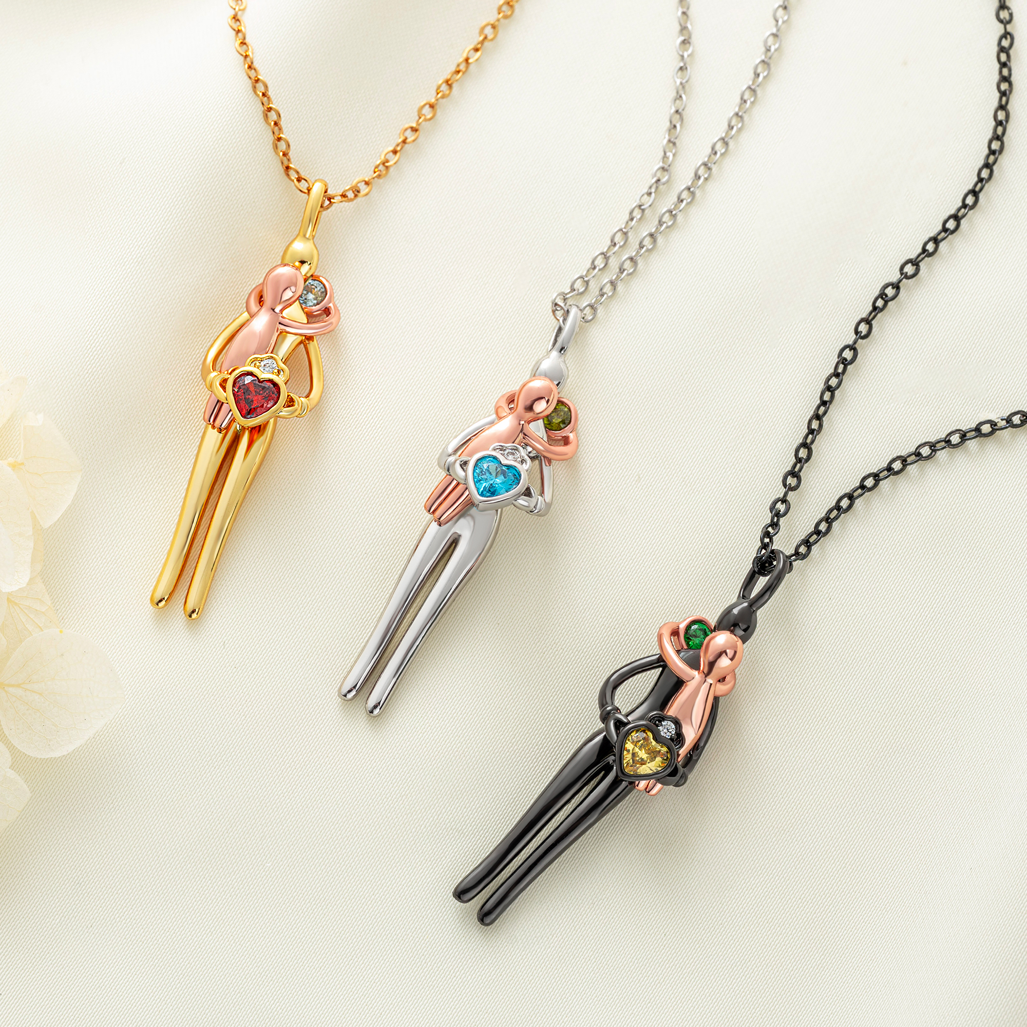 Three color finishes of parent child birthstone necklace