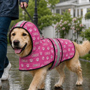 Personalisierter Hunde-Regenmantel mit Namen & Pfoten-Muster | mit Kapuze & Reflektoren | Wasserdichter Hundemantel | Geschenk für Herrchen & Frauchen