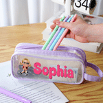 Personalized 3D Cartoon Character Large Capacity Mesh Pencil Case with Name Back to School Gift for Kids Students