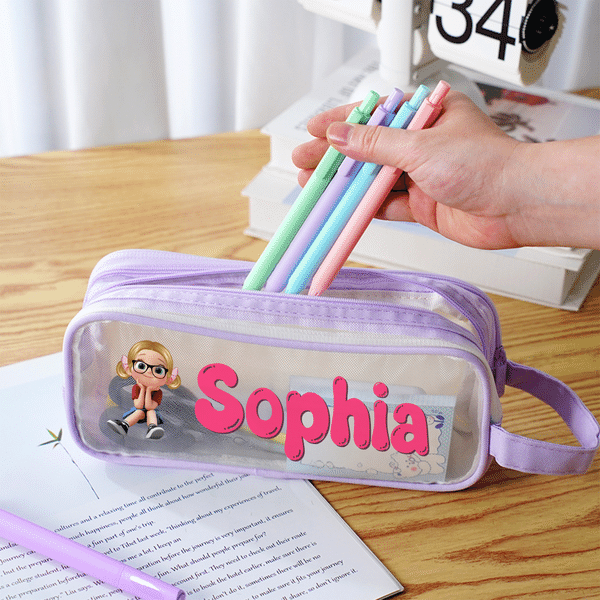 Personalized 3D Cartoon Character Large Capacity Mesh Pencil Case with Name Back to School Gift for Kids Students