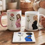 Personalized Pregnant Mom Character Birth Flower 11 oz 15 oz Ceramic Coffee Mug with Name and Coaster Baby Shower Gift for Expecting Mothers