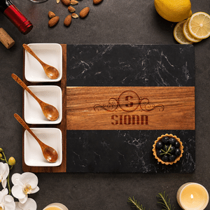 Personalized Acacia Marble 11 Pcs Cutting Board Coaster Set with Name and Initial Home Use Wedding Housewarming Gift for Family Friends