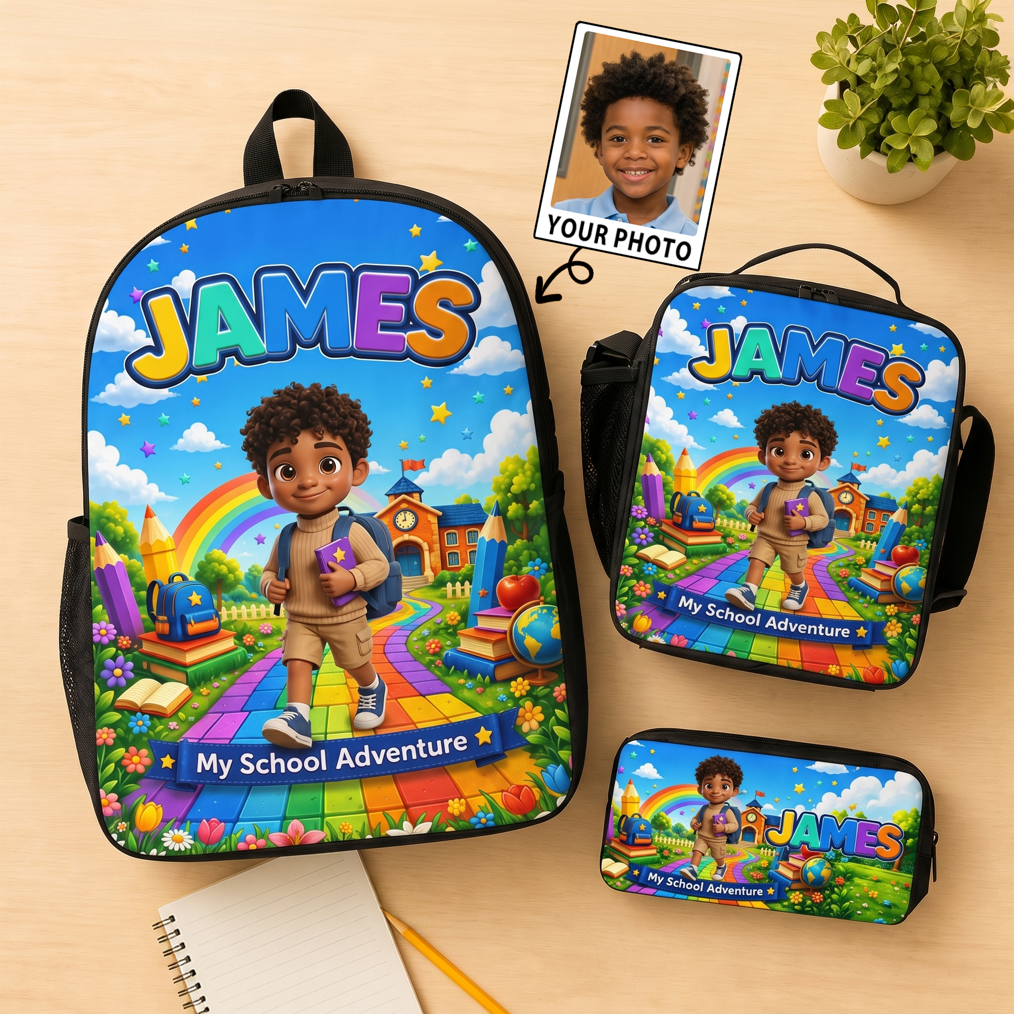 Individuell gestaltetes Set aus Rucksack, Lunch-Tasche und Federmäppchen im 3D-Animationsstil mit Cartoon-Figur und Namensaufdruck – Schulanfangs- und Geburtstagsgeschenk für Kinder