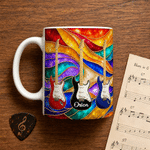 Personalized Retro Rainbow Stained Glass Design Guitar Ceramic Mug with Name Birthday Gift for Electric Guitar Players Music Lovers