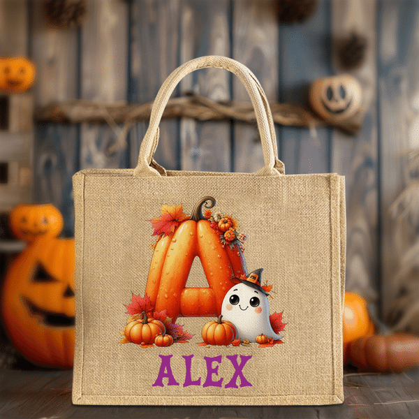 Personalised Cartoon Pumpkin Ghost Large Capacity Tote Bag with Name and Initial Halloween Party Gift for Family Kid