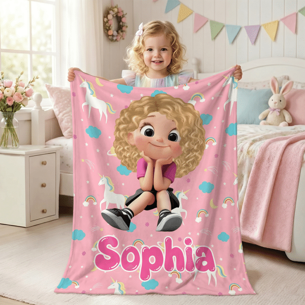 Personalised Cartoon Kid Character Fantasy Unicorn Multicolour Soft Throw Blanket with Name Home Decor Baby Shower Birthday Gift for Kids