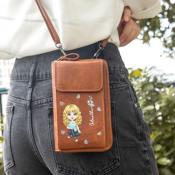 Portefeuille multi-poches en cuir PU personnalisé avec personnage cartoon fleur de naissance et nom - Cadeau anniversaire pour famille amis