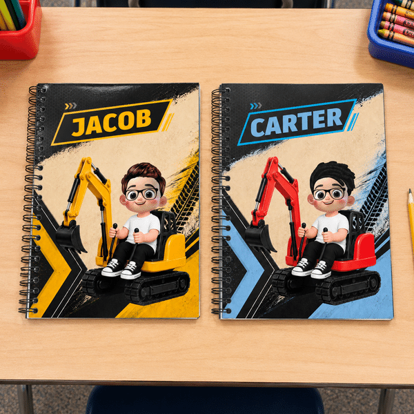 Personalised Excavator Cartoon Character Spiral A5 Notebook with Name Daily Use Back to School Birthday Gift for Boys Girls