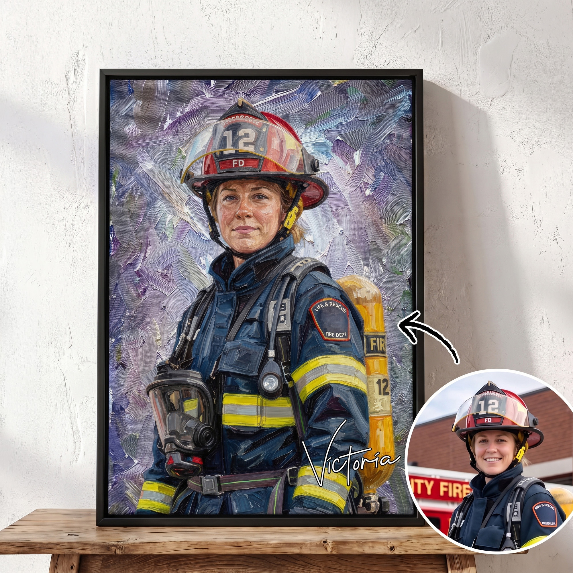 Personalisiertes Ölgemälde im Feuerwehrmann-Stil gerahmter Leinwanddruck als Andenken Wohnaccessoire Geburtstagsgeschenk für Familie Feuerwehrmann