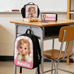 Personalized Colourful Fashion Cartoon Character Backpack Lunch Box Pencil Case Set with Name Back to School Birthday Gift for Kids Boys Girls