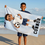 Personalized Cartoon Soccer Player Photo Quick Dry Oversized Beach Towel with Name Summer Vacation Beach Party Birthday Gift for Soccer Player Lover