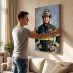 Lámina en lienzo enmarcada personalizada con foto de un bombero al estilo de pintura al óleo, con nombre, para decorar el hogar. Envío desde EE. UU. Regalo de cumpleaños para un familiar bombero.