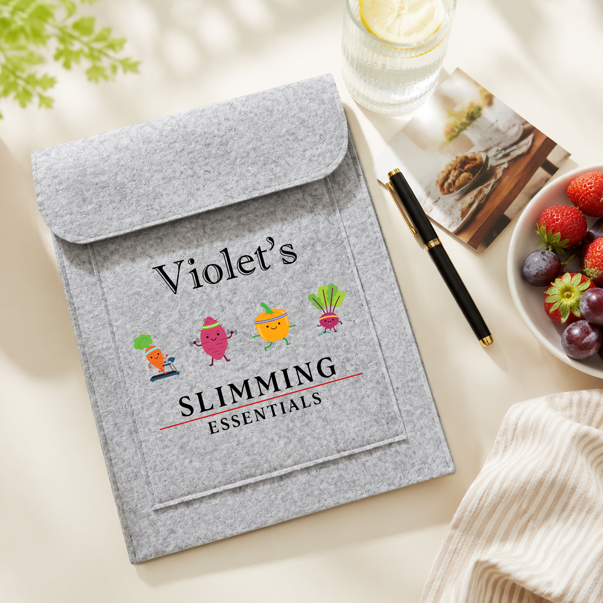 Personalisierte Filz-Aktenmappe mit Gemüse-Motiv zum Thema Gewichtsabnahme, mit Namen und Text – Geburtstagsgeschenk für Fitnessbegeisterte aus der Gewichtsabnahme-Gruppe