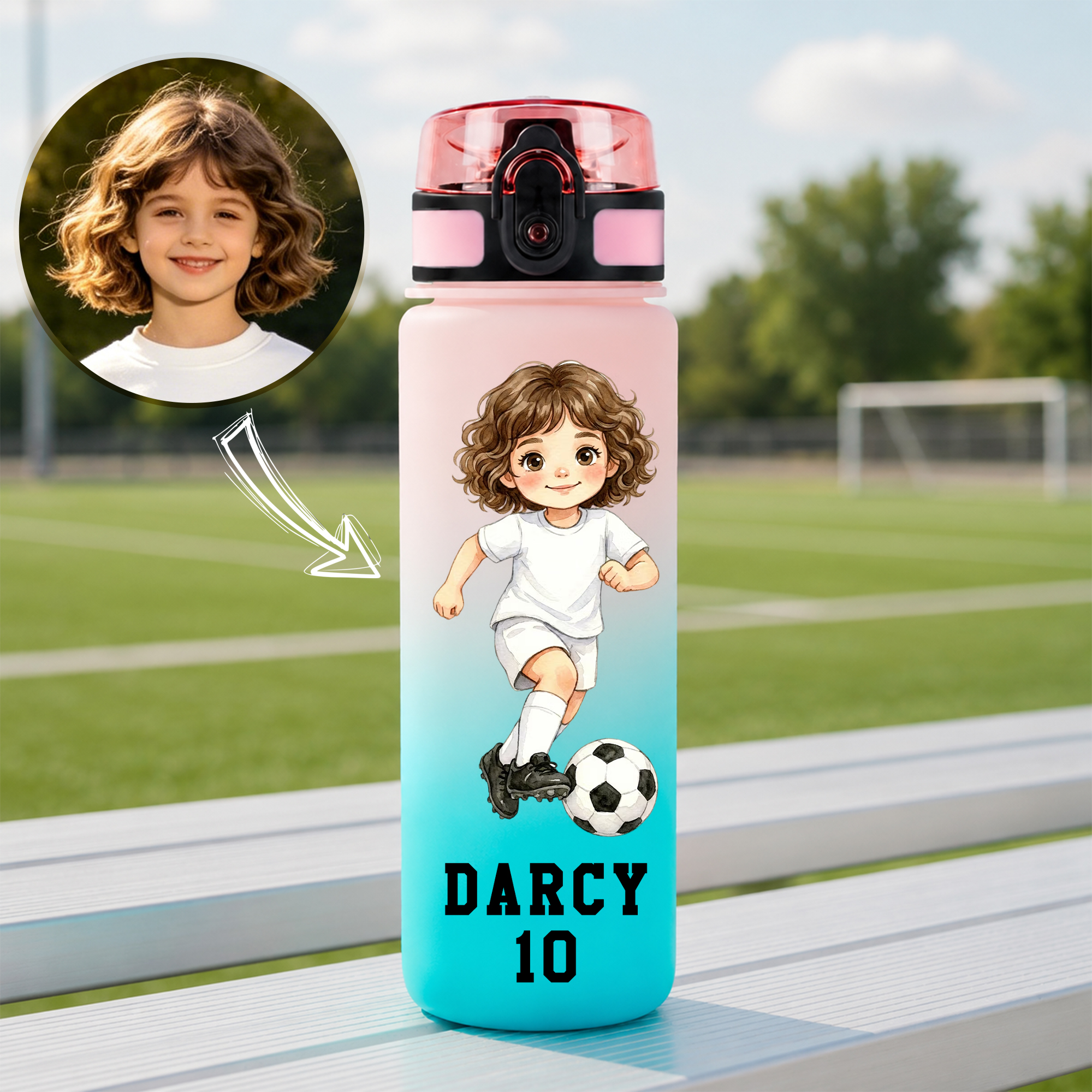 Personalisierte Fußball-Sport-Trinkflasche mit Foto und Farbverlauf für Jungen und Mädchen, mit Namen und Nummer – für Training und Outdoor-Aktivitäten – Geburtstagsgeschenk für Kinder und Jugendliche