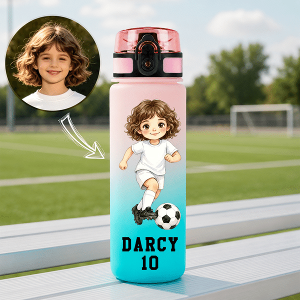 Personalised Soccer Sports Boy Girl Photo Gradient Water Bottle with Name and Number Training Outdoor Use Birthday Gift for Kids Teenagers