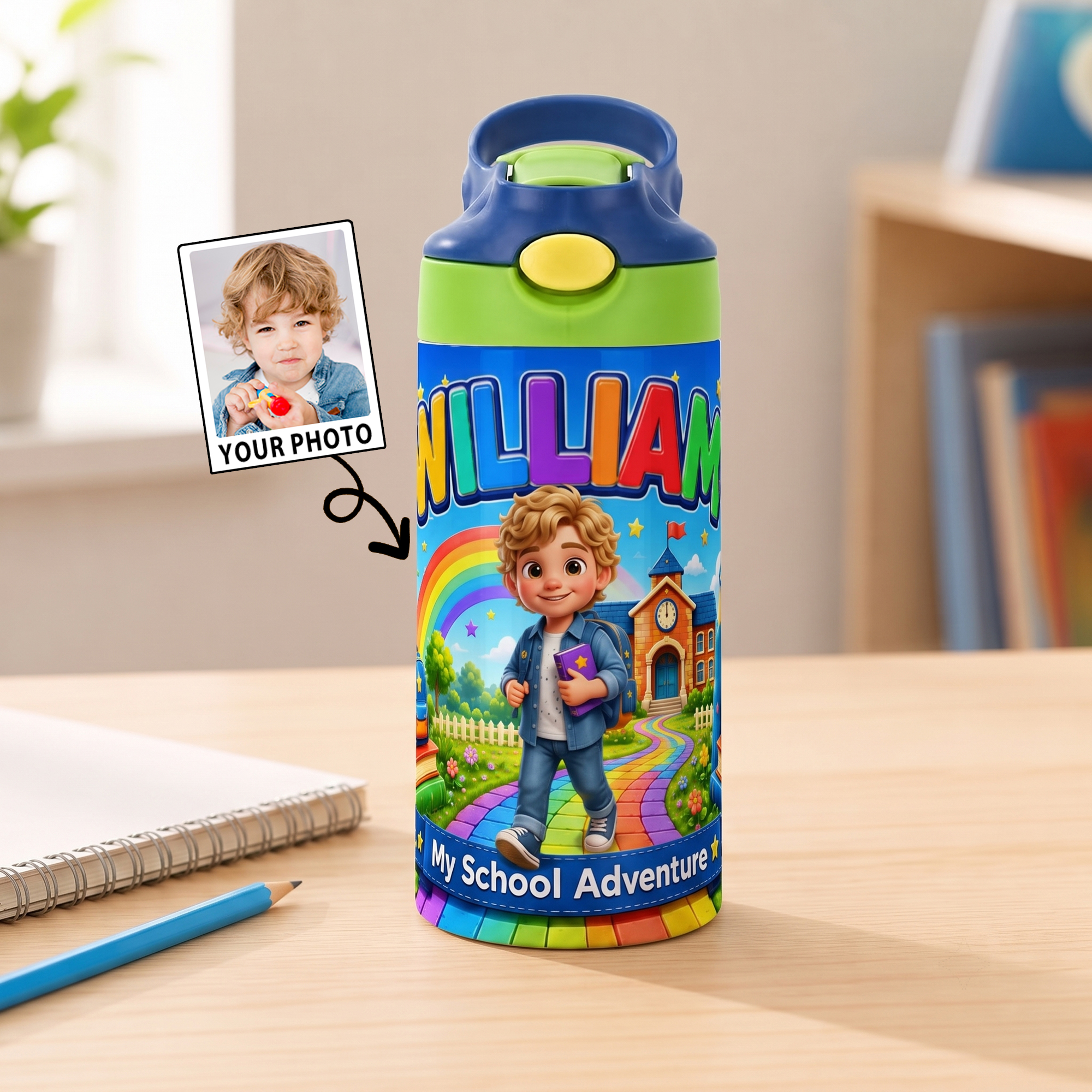 Personalisierte 3D-Isolierwasserflasche im Regenbogen-Cartoon-Stil (12 oz) mit Namen – Geschenk zum Schulanfang oder Geburtstag für Jungen