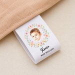 Personalised Watercolour Flower Wreath Face Photo Cotton 50 Pcs Sewing Labels with Name Birthday Gift for Knitting DIY Craft Lovers