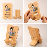 Personalized Cartoon Character Bamboo Wooden Phone Stand iPad Holder with Name Desk Decor Birthday Gift for Students Friends Reading Lovers