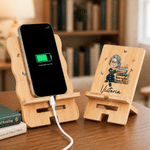 Personalized Cartoon Character Bamboo Wooden Phone Stand iPad Holder with Name Desk Decor Birthday Gift for Students Friends Reading Lovers