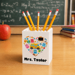 Personalised Cute Book Heart School Theme Building Blocks Brick Pen Holder with Name Desk Decor Back to School Birthday Gift for Kid Student Teacher